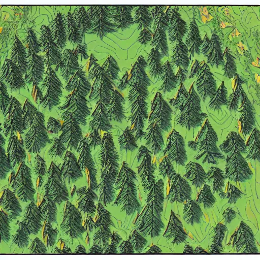 Prompt: a view of a forest on a topographical map painted in the style of michael menzel