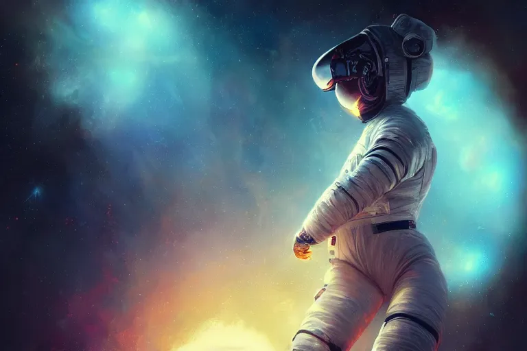 Image similar to ultra realistic digital painting of an astronaut floating in space, by greg rutkowski and artgerm, detailed, intricate, sharp focus, symmetry, sci - fi, fantasy, neon lights, galaxies, stars, space, realism, artstation, cinematic lighting, portrait, trippy, psychedelic art