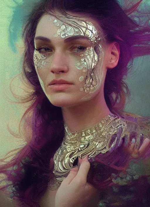 Image similar to a highly detailed photo of very intricate female face portrait, futurism, rococo cyber neon lighting, detailed futuristic fibonacci jewelry, profile posing, hyper photorealistic, trending in pinterest, cinematic, 4 k ultra hd, by denis villeneuve tom anders zorn hans dragan bibin thoma greg rutkowski ismail inceoglu illustrated sand storm alphonse mucha