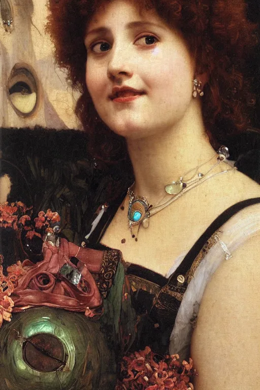Prompt: a renaissance oil painting close shot portrait by alma tadema of a woman grinning evilly, obsidian jewellery, a crown made of dark candles and flowers, colourful pastel, detailed academic bouguereau, high shadow, sharp focus