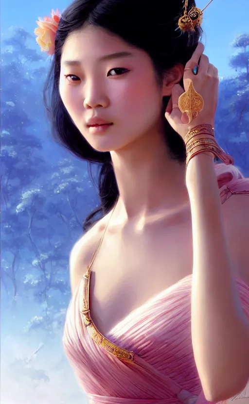 Image similar to a beautiful young charming asian goddess with sundress and jewelry | | winter, realistic shaded, unpleasant face, good looking, fine details, dior, lv, realistic shaded lighting poster by greg rutkowski, macoto takahashi, magali villeneuve, artgerm, jeremy lipkin and michael garmash