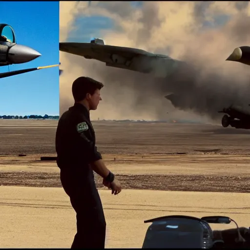 Image similar to a christian checks Top Gun in the messenger, wide shot, realistic, explosions in the background, 4K