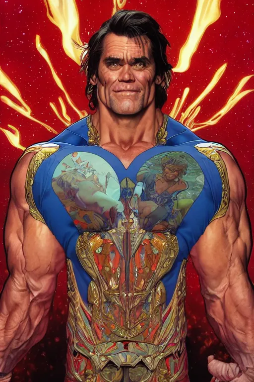 Image similar to buff jim carrey, by artgerm and yoshitaka amano and moebius and alphonse mucha, hyperdetailed, dc comics, ornate, nebula, explosions in the sky, trending on artstation