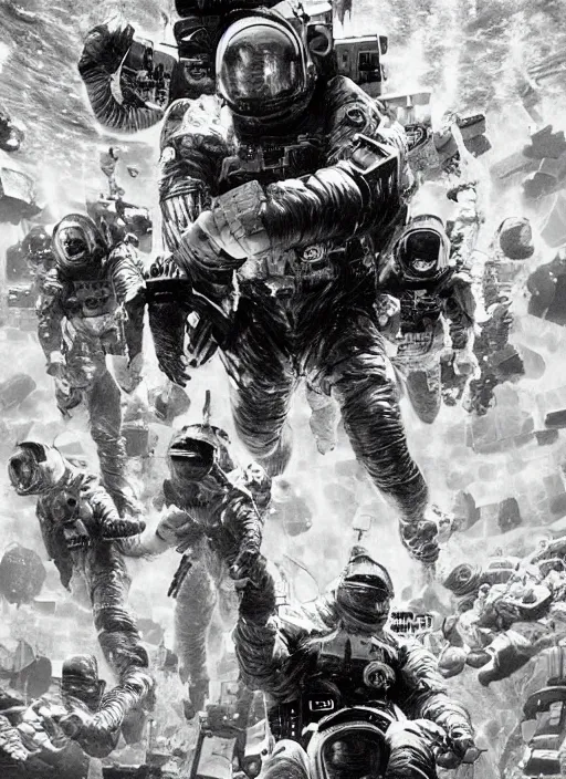 Image similar to astronauts in dark and empty void underwater - complex and hyperdetailed suit. reflection and dispersion materials. rays and dispersion of light. volumetric light. 5 0 mm, f / 3 2. noise film photo. flash photography. ultra realistic, wide angle. poster by wayne barlowe, hajime sorayama aaron horkey, craig mullins. dark key.