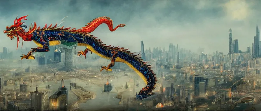 Prompt: one Chinese dragon flying over the city, detailed matte painting, glittering, trending on artstation, art by Alan Lee, cinematic, full of color