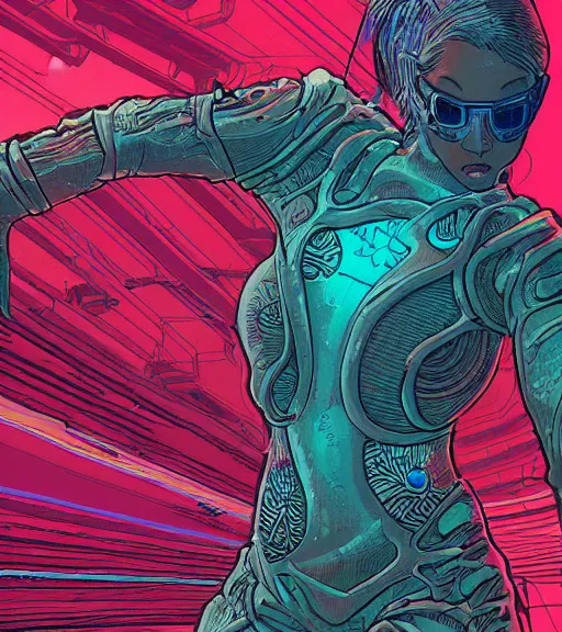 Image similar to a cyberpunk diver Polynesian woman swims through a dark bioluminescent alien coral reef, techwear, Industrial Scifi, detailed illustration, character portrait, by Martin Grip and Moebius