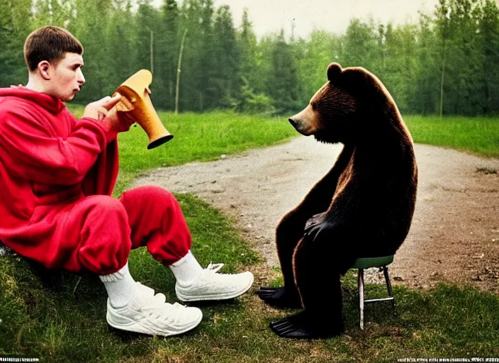 Image similar to 2 0 years old gopnik in adidas costume drinking vodka, while a bear plays on balalaika, soviet yard, typical russian atmosphere, symmetrical, cinematic, real photography