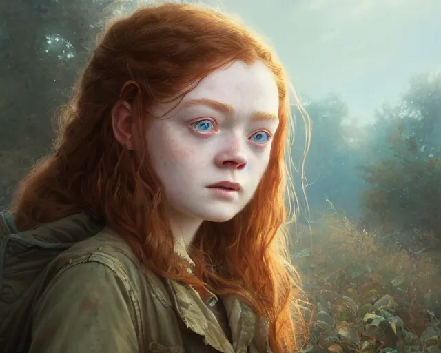 Image similar to highly detailed portrait of sadie sink, in the walking dead, stephen bliss, unreal engine, fantasy art by greg rutkowski, loish, rhads, ferdinand knab, makoto shinkai and lois van baarle, ilya kuvshinov, rossdraws, tom bagshaw, global illumination, radiant light, detailed and intricate environment