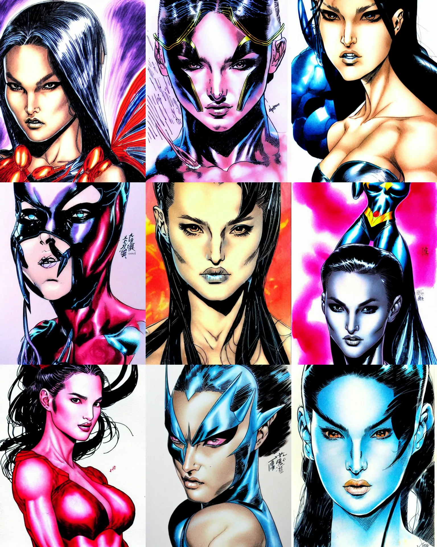 Prompt: jim lee!!! ink colorised airbrushed gouache sketch by jim lee close up headshot of chinese natalie portman as nymph in the style of jim lee, x - men superhero comic book character by jim lee