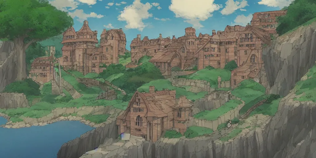 Prompt: A college built from dark bricks on a low cliff above the ocean, art by Hayao Miyazaki, art by Studio Ghibli, anime