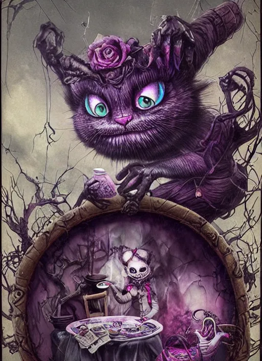 Image similar to Cheshire Cat drinking tea with Mad hatter, death tarot card,highly detailed,half skull face,cinematic,8k,by Stanley Artgermm,Tom Bagshaw,Greg Rutkowski,Carne Griffiths, Ayami Kojima, Beksinski, Giger,trending on DeviantArt,hyper detailed,horror, full of colour