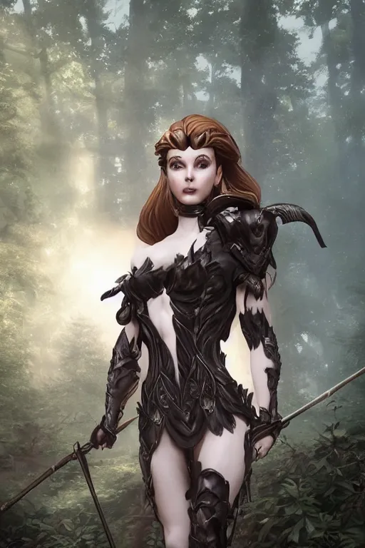 Image similar to Greek Goddess Artemis in moonlit forest wearing leather !!ranger!! armour, surrounded by !animals!, medium shot portrait by artgerm loish and WLOP, octane render, dynamic lighting, asymmetrical portrait, dark fantasy, cool toned, trending on ArtStation