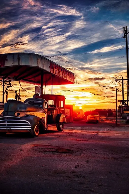 Image similar to a sunset light landscape with historical route 6 6, lots of sparkling details and sun ray ’ s, blinding backlight, smoke, volumetric lighting, colorful, octane, 3 5 mm, abandoned gas station, old rusty pickup - truck, beautiful epic colored reflections, very colorful heavenly, softlight