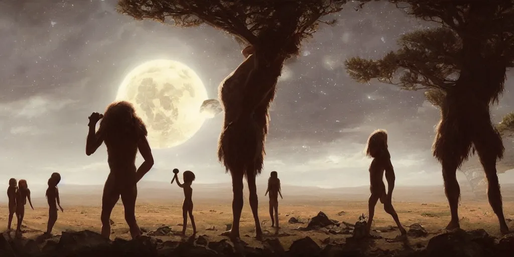 Image similar to A hyperrealistic painting of the first humans looking at the moon for the first time from the perspective of the creator alien race, by Greg Rutkowski, Sung Choi, Mitchell Mohrhauser, cinematic lighting, fine details, esoteric