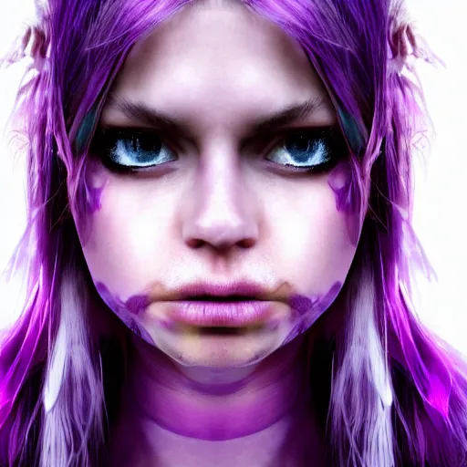 Image similar to detailed photo portrait of a furious teen girl with thin, hair-like purple tentacles on her head and bright purple eyes, 8k, trending on DeviantArt, face enhance,hyper detailed ,full of colour, dramatic lightning