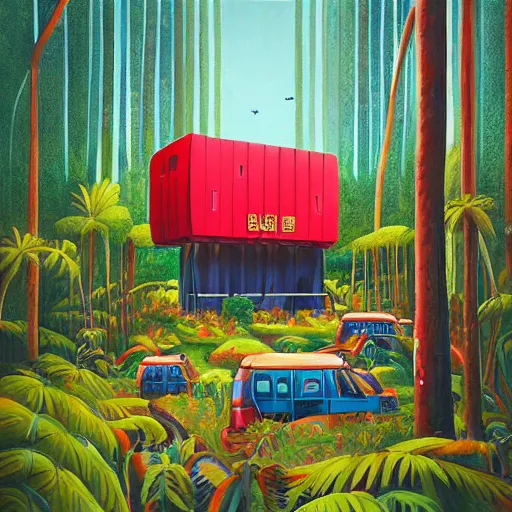 Image similar to beautiful painting of a giant printer in the middle of a jungle in the style of Simon Stålenhag