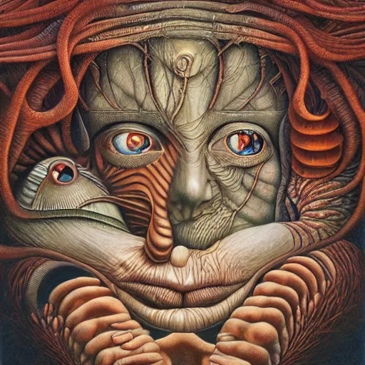 Image similar to her eyes wide by jacek yerka, alex gray, zdzisław beksiński, dariusz zawadzki, jeffrey smith and h.r. giger, oil on canvas, 8k highly professionally detailed, trending on artstation