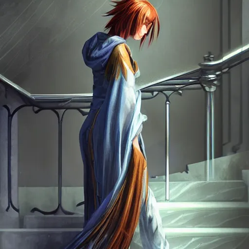 Image similar to maiden with copper hair, in blue and silver rustic wedding robes with metallic inlays, walking down a marble stairwell, realistic, mysterious lighting, muted colors, fog, highly detailed, digital painting, Artstation trending, illustration, artist style anime realism