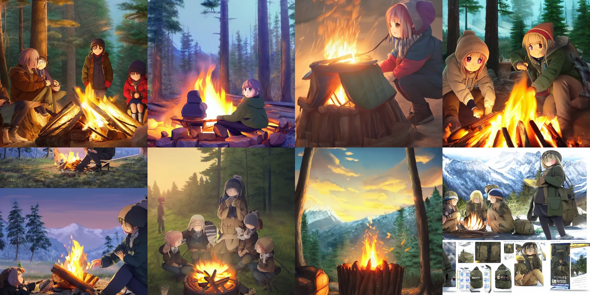 Prompt: yuru camp anime campfire trending on artstation cinematic lighting, highly realistically detailed, trending on pixiv , Unreal Engine 4k, hyperdetailed faces, manga cover, official anime key visual