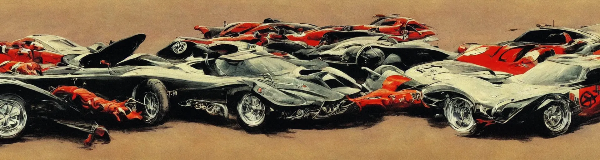 Prompt: a detailed car racing by frank frazetta