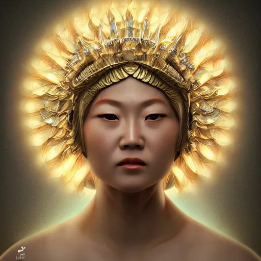 Image similar to hyper realistic portrait photo of ameterasu the sun goddess of japan, portrait shot, intricate detail, octane render