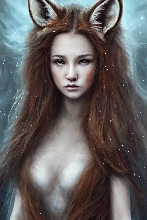 Image similar to majestic and regal portrait of a beautiful young female fox girl!!, intricate, animal ears, epic, elegant, menacing, fantasy, highly detailed, digital painting, hard focus, beautiful volumetric lighting, epic light, ultra detailed, souls, smoke, by leesha hannigan, ross tran, thierry doizon, kai carpenter, ignacio fernandez rios