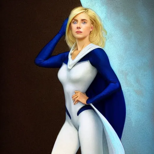 Image similar to a beautiful portrait of a beautiful cute young woman shoulder - length blonde hair superhero wearing a tight solid matte navy blue lycra suit white cape white cowl white shoulders, blue eyes, intricate, elegant, 8 k, highly detailed, digital painting, concept art, smooth, sharp focus, illustration, by artgerm greg rutkowski alphonse mucha loish wlop