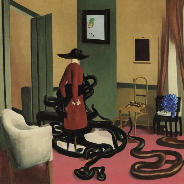 Prompt: a female pathology student in her apartment, wild berry vines, pig, black walls, ikebana, snakes, black armchair, sculpture, acrylic on canvas, surrealist, by magritte and monet