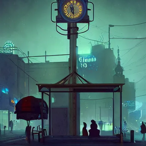 Image similar to some people waiting at bus stop in dark city night : : by beeple and james gilleard and justin gerard : :, centered, artstation, smooth, sharp focus, photoreal octane render, 3 d, by jean - baptiste monge!!!!!!!