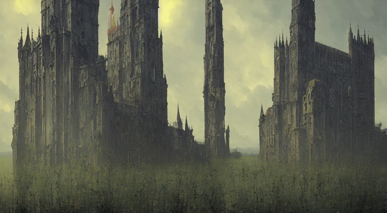 Prompt: a high contrast!!! painting of a flooded gothic tower by rene magritte andrew ferez simon stalenhag carl spitzweg jim burns, full-length view, vibrant colors, symmetry, great composition, high detail, cinematic lighting, award winning masterpiece, trending on artstation