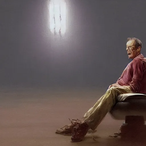 Image similar to a highly detailed epic cinematic concept art CG render digital painting artwork costume design: Henry Fonda as a 1950s tired disillusioned poet, barefoot, smoking a cigarette. volumetric lighting. By Greg Rutkowski, in the style of Francis Bacon and Syd Mead and Norman Rockwell and Beksinski, open ceiling, highly detailed, painted by Francis Bacon and Edward Hopper, painted by James Gilleard, surrealism, airbrush, Ilya Kuvshinov, WLOP, Stanley Artgerm, very coherent, triadic color scheme, realistic facial expression, art by Takato Yamamoto and James Jean