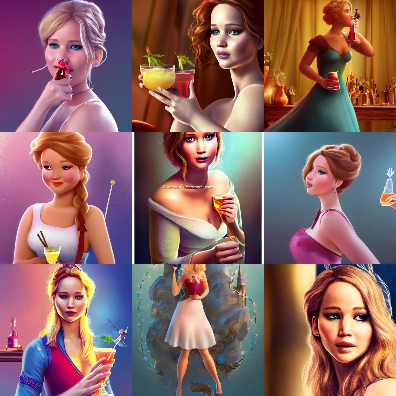 Prompt: Jennifer Lawrence as Disney princess sipping cocktail, High quality illustration, trending on artstation, octane render, 4k, Pixar rendering,