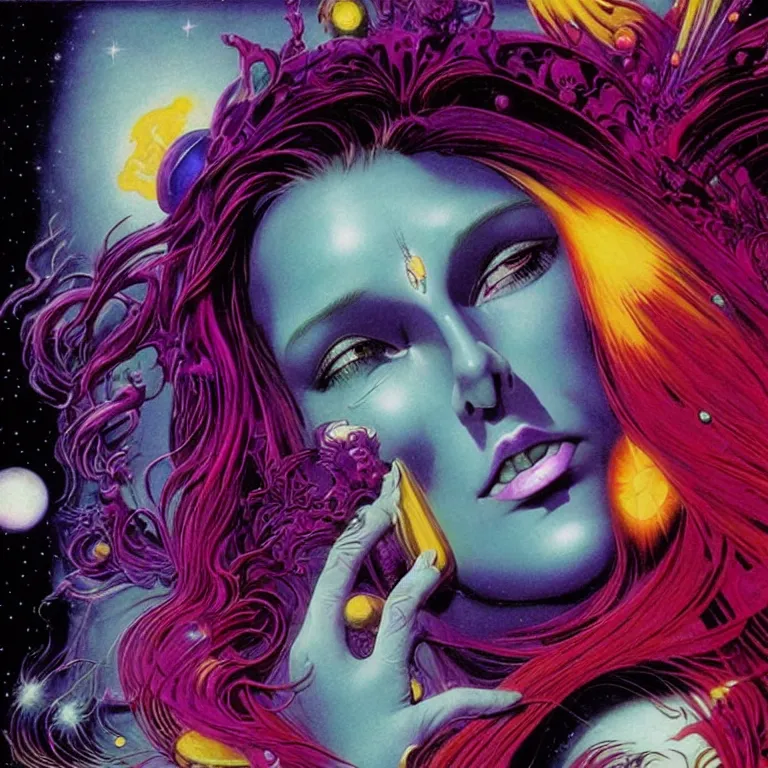 Image similar to cosmic maiden, head shot, mcu, realistic face, crystal, bright neon colors, highly detailed, cinematic, eyvind earle, tim white, philippe druillet, roger dean, lisa frank, aubrey beardsley