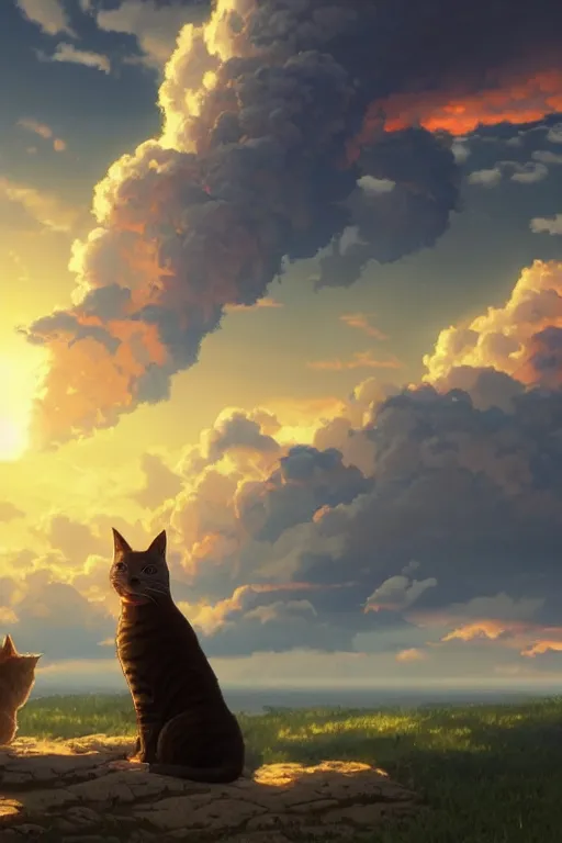 Image similar to a highly detailed matte painting of a cat watching a nuclear explosion in the distance by studio ghibli, makoto shinkai, by artgerm, by wlop, by greg rutkowski, volumetric lighting, octane render, 4 k resolution, trending on artstation, masterpiece