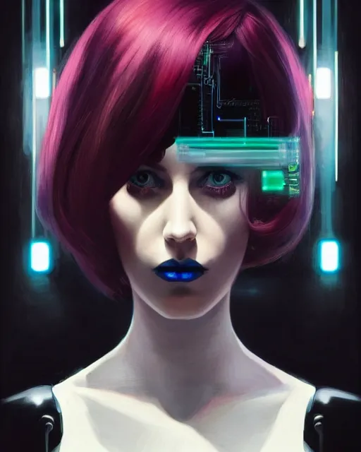 Prompt: dark portrait of a half - robot woman with circuits on her face, with cute - fine - face, pretty face, multicolored hair, realistic shaded perfect face, fine details by realistic shaded lighting poster by ilya kuvshinov katsuhiro otomo, magali villeneuve, artgerm, jeremy lipkin and michael garmash and rob rey