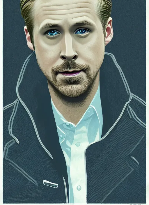 Prompt: twin peaks movie poster art, portrait of ryan gosling, from scene from twin peaks, clean, simple illustration, nostalgic, domestic, highly detailed, digital painting, artstation, concept art, smooth, sharp focus, illustration, artgerm, donato giancola, joseph christian leyendecker, wlop