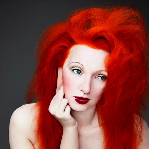 Image similar to a color photo portrait of a woman with red hair in the style of richard avedon, 7 5 mm lens, studio lighting.