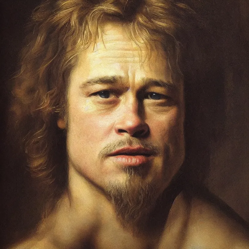 Prompt: A beautiful portrait of Brad Pitt by Rembrandt van Rijn; masterpiece!!!!!!!!!!!!!!!!!!!!!!!