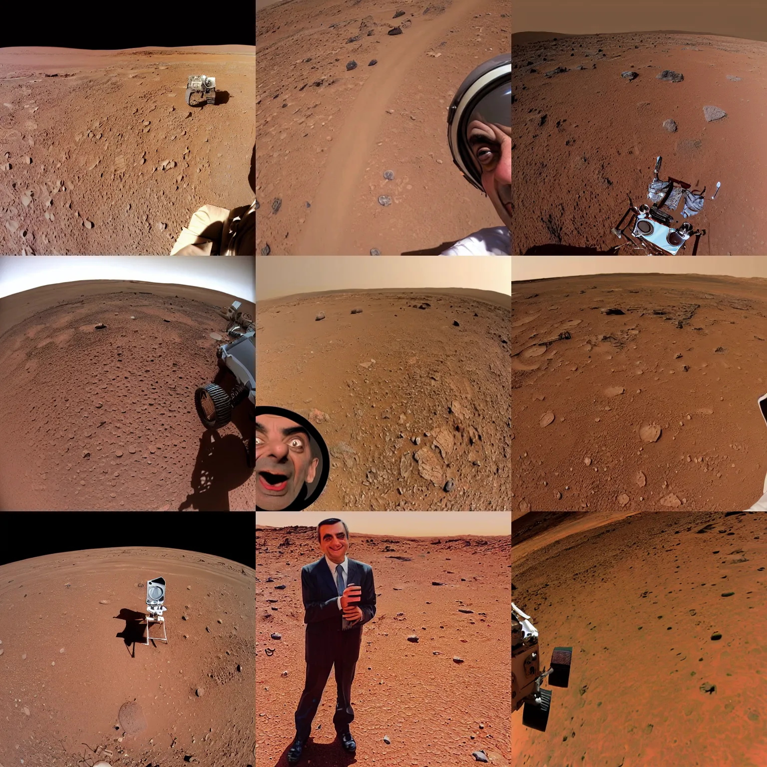 Prompt: selfie of mr. bean on mars. 4 k sharp photo.