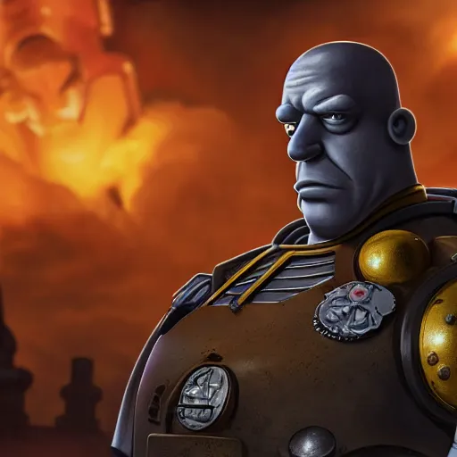 Image similar to Portrait of Homer Simpson as the emperor of humanity from warhammer 40k in Gears of War, splash art, movie still, cinematic lighting, dramatic, octane render, long lens, shallow depth of field, bokeh, anamorphic lens flare, 8k, hyper detailed, 35mm film grain