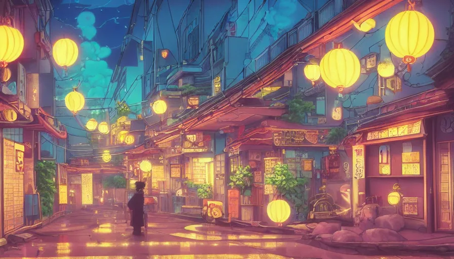 Image similar to A film still from a 1990s Sailor Moon cartoon featuring a moody street in Japan with a waterfall and lanterns, lofi aesthetic, golden hour, cinematic look, film grain, high detail, high resolution, 8k