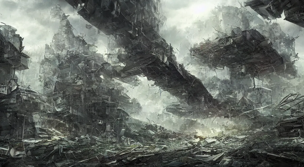 Image similar to damaged city, high - tech, concept art, forest, tornado, war,, high resolution, evil