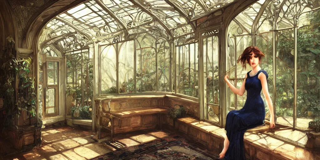 Prompt: ! dream artgerm, john william waterhouse style, long shot of bright sun with one beautiful girl sitting in a corner of an art nouveau style conservatory, atmospheric, highly detailed, 1 9 2 0's style speakeasy, digital painting, artstation, concept art, smooth, sharp focus, illustration,