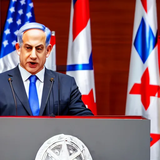 Image similar to photograph of Benjamin Netanyahu giving a speech with a podium in front of him, suited men with medical masks standing behind him, cinematic lighting, official media, HQ, 4K, news photography