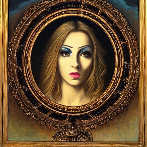 Prompt: spellbinding witch spectacular beauty, ghastly reflection in the ((mirror)), intricate detail, fineline detail painting of portrait, intense sense of awe, 8k high octane rendering, golden ratio