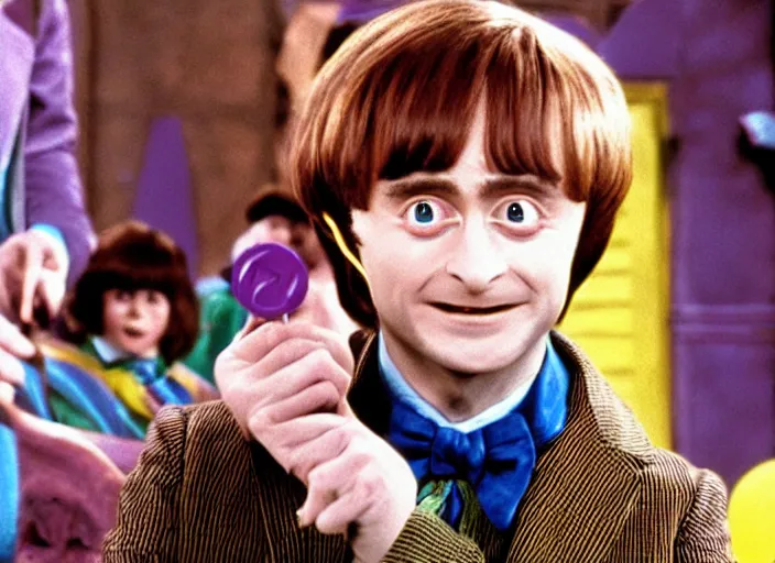 Prompt: film still of Daniel Radcliffe as Willy Wonka in Willy Wonka and the Chocolate Factory 1971