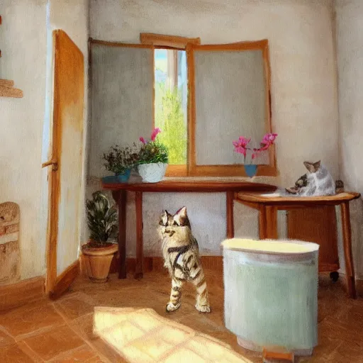 Image similar to Photo of very very very very filled provence interior room with cat sitting on the table in the center of room, photorealism,