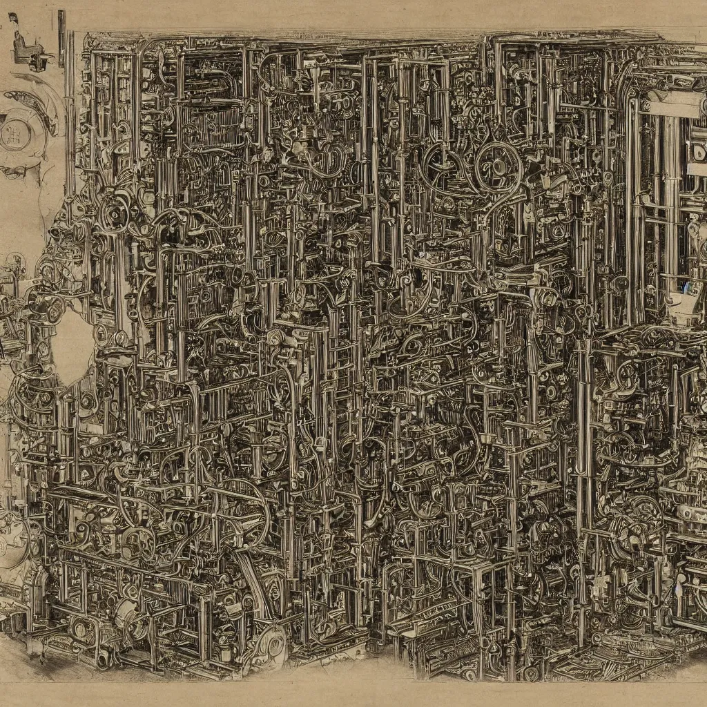 Image similar to close - up on detailed, intricate technical drawings from 1 8 4 0 for a mechanical display attachment to babbage's difference engine, showing a screen playing tetris