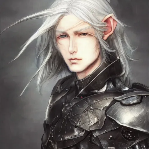 Image similar to portrait of an elf by ayami kojima, he is about 2 0 years old, androgenic, long white hair, slender and tall, smirk, he is wearing a modern tactical gear, scifi, highly detailed portrait, digital painting, artstation, concept art, smooth, sharp foccus ilustration, artstation hq