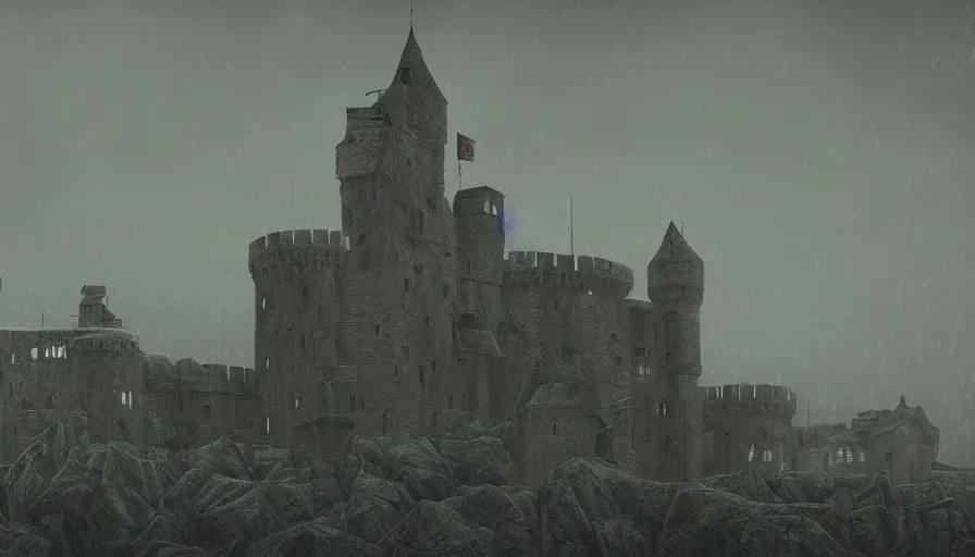 Prompt: Cinematic view of a huge medieval castle built on a wasteland, grey sky and rain, hyperdetailed, artstation, cgsociety, 8k